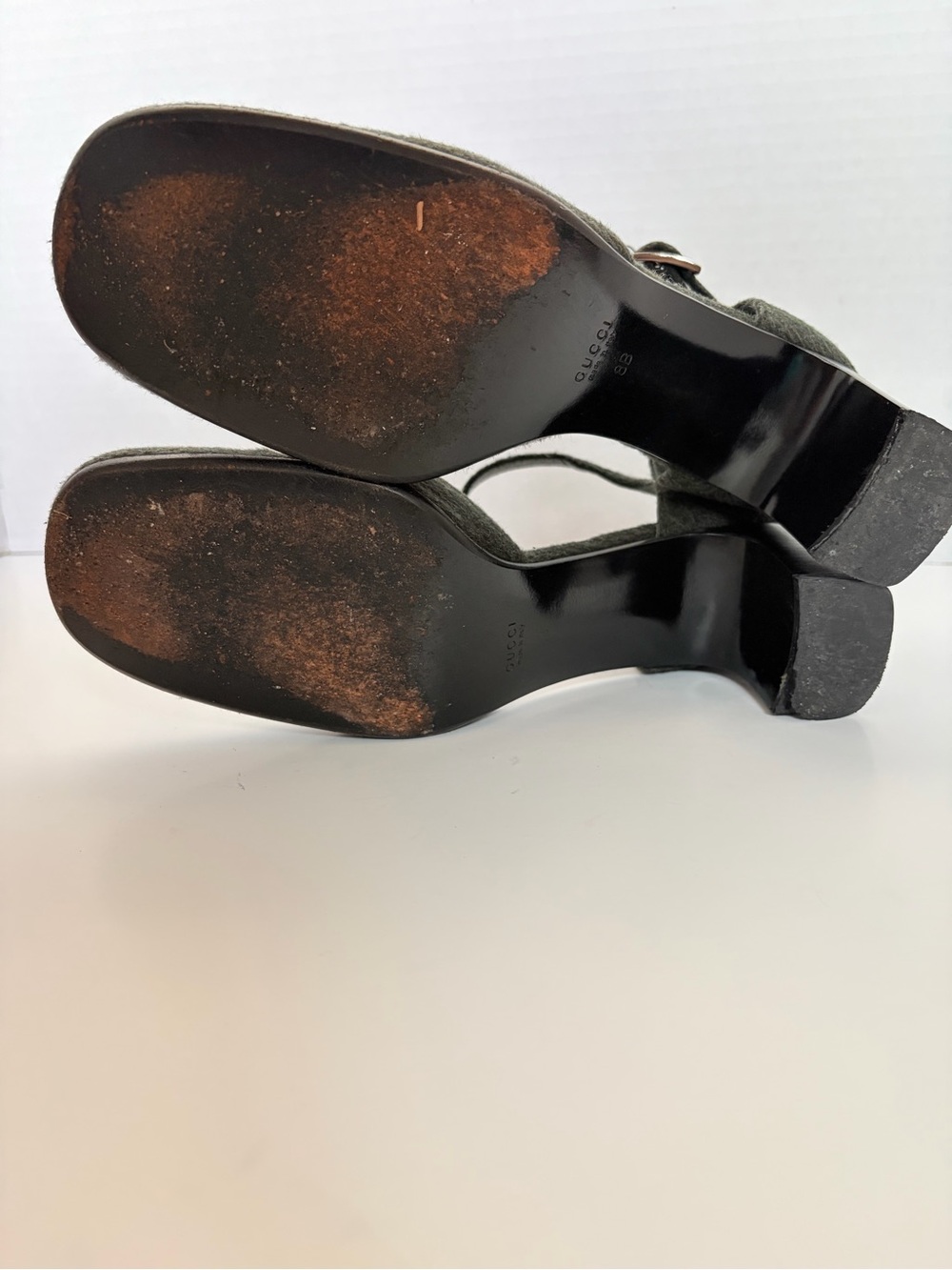 Gucci Mary Jane Pumps Vintage Ankle Strap Block Heel Wool Dark Green Size 38.5C - Picture 13 of 16